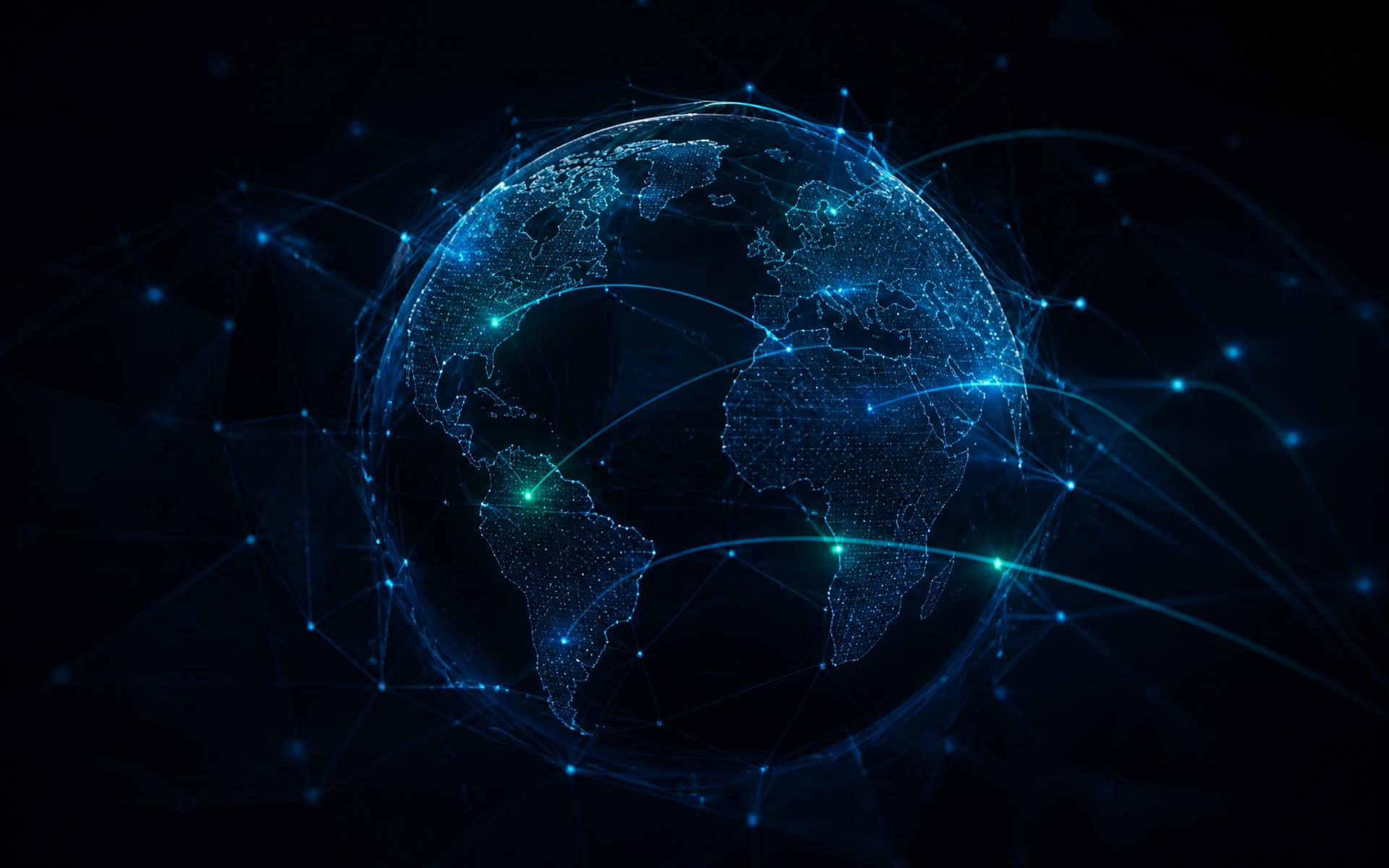Abstract visualization of a global digital network secured by connected intelligence nodes